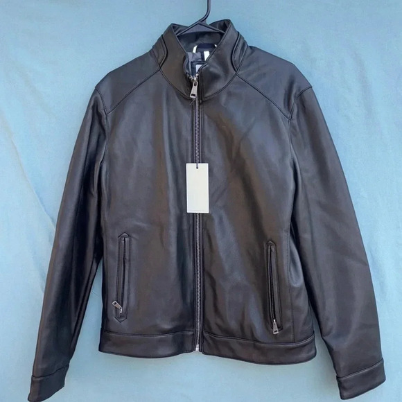 NWT Cole Haan Signature Men's Faux-Leather Jacket black Size Small moto full zip - Picture 2 of 11